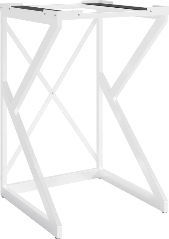 Witte metalen wasmachine verhoger met X-vormige verstevigingen. Zwart detail aan de bovenzijde.