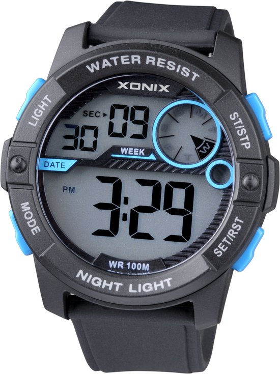 Xonix CV-A06 - Horloge - Analoog - Heren - Mannen - Rond - Siliconen band - ABS - Cijfers - Achtergrondverlichting - Alarm - Start-Stop - Chronograaf - Tweede tijdzone - 12/24 - Waterdicht - Zwart - LichBlauw - 10ATM