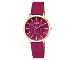 Q&Q Q26B-007PY - Horloge - Vrouwen - Dames - Leren band - Rond - Metaal - Streepjes - DonkerRoze/Frambozenkleur - Rosékleurig - 3 ATM