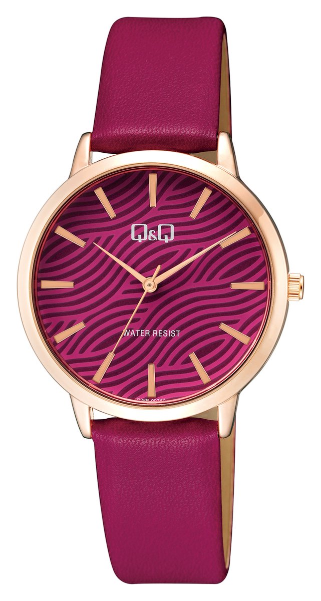 QQ Q26B-007PY - Horloge - Vrouwen - Dames - Leren band - Rond - Metaal - Streepjes - DonkerRoze-Frambozenkleur - Rosékleurig - 3 ATM