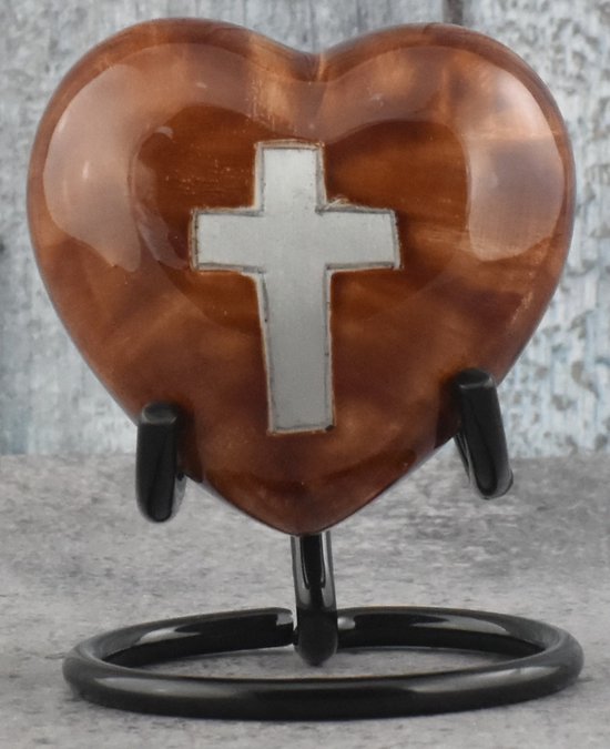 Akerz Mini Urn - bruin - kruis- jezus - Hart - Aluminium - Inclusief Standaard - Graveerbaar - 80ml