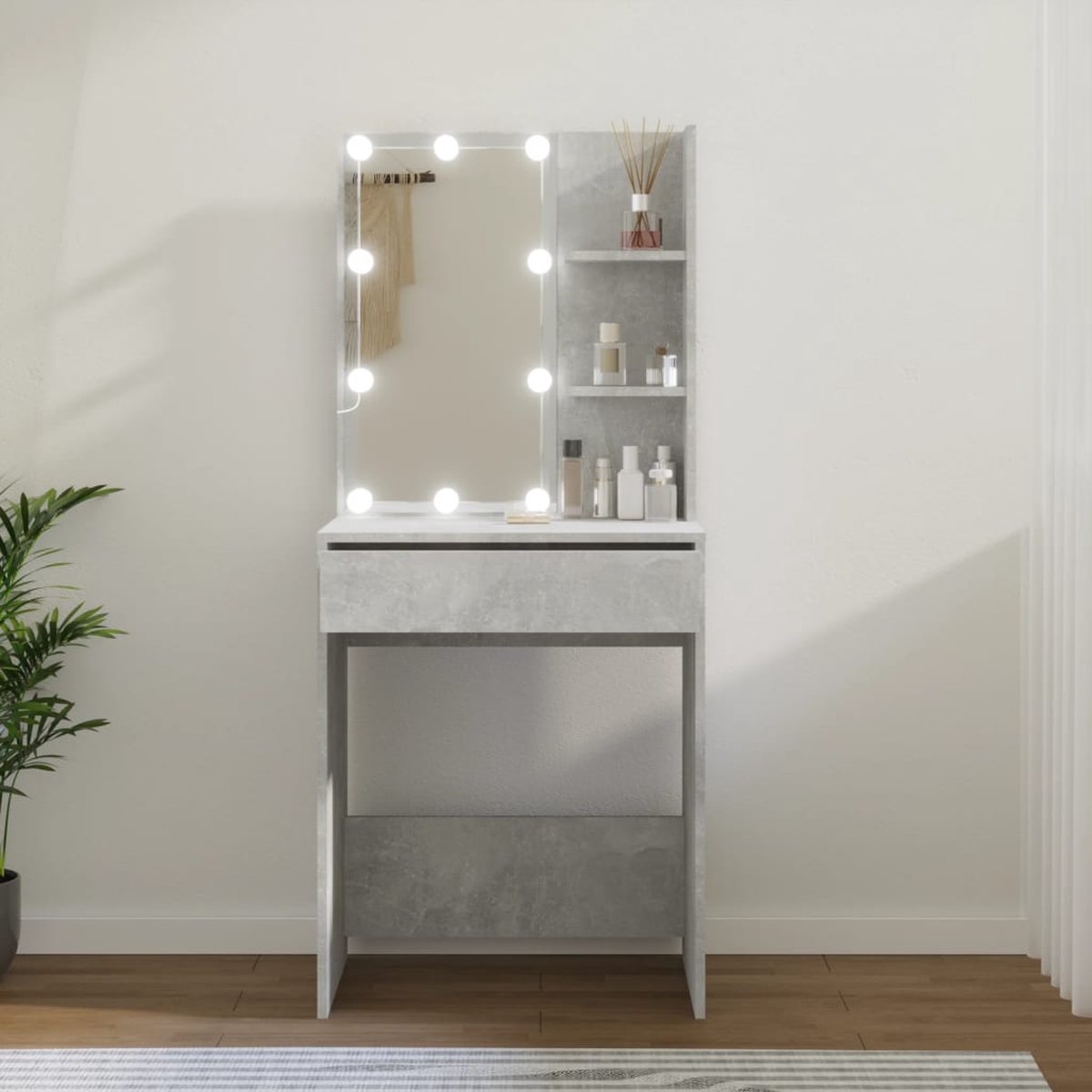 GranMaison Kaptafel met spiegel en verlichting - Make up tafel - Make up - Toilettafel -Met lades - 60 x 40 x 140 cm - Betongrijs