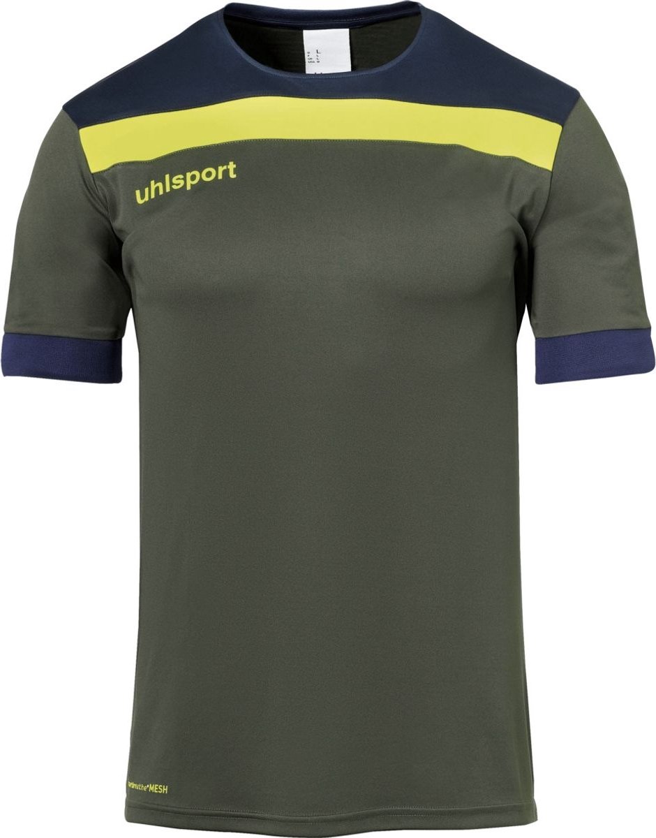 Uhlsport Offense 23 Shirt Korte Mouw Kinderen - Olijf / Marine / Fluogeel | Maat: 152