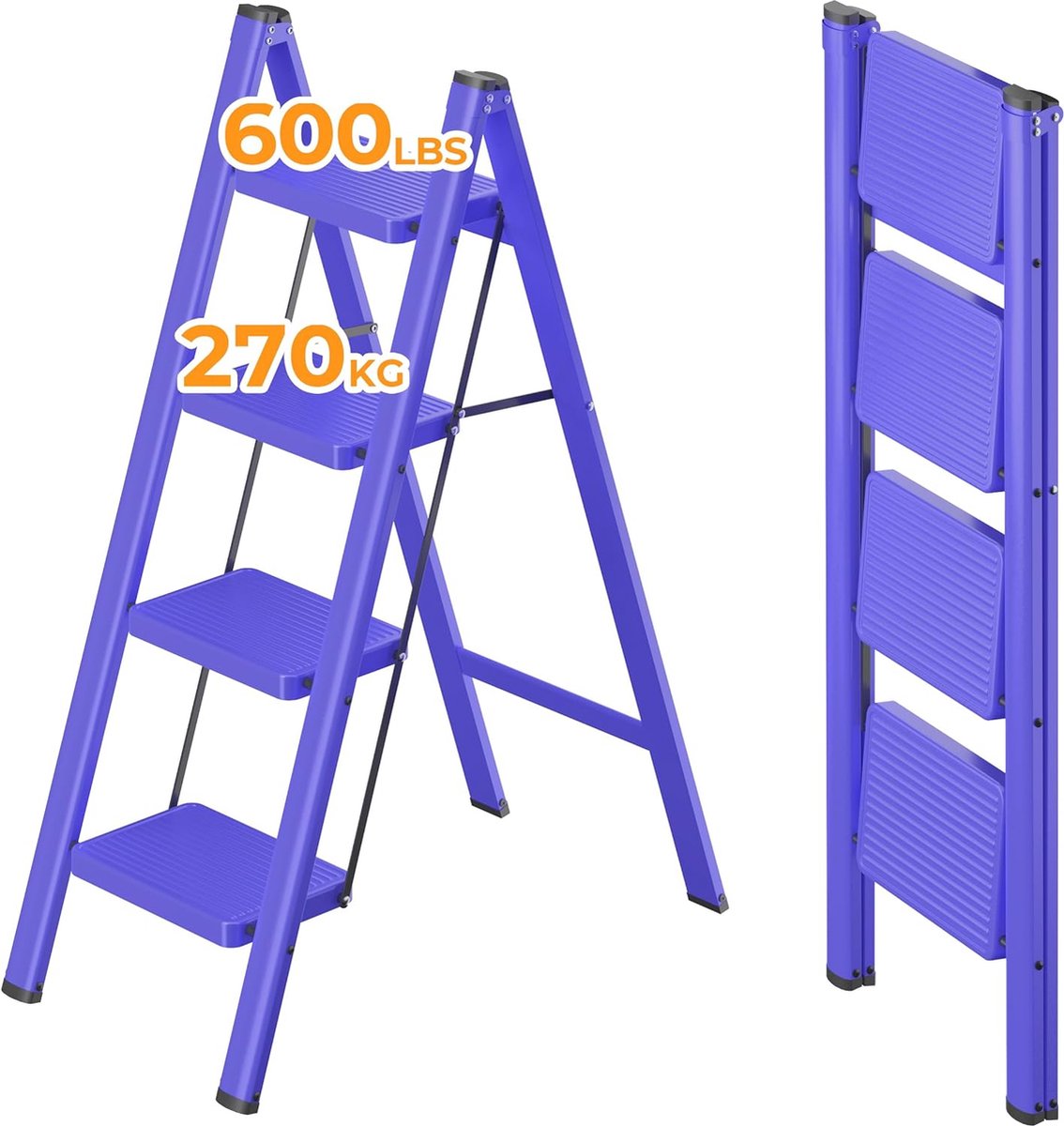 4 stappen opvouwbare ijzeren opstapkruk met bredere antislip gewatteerde treden, multifunctionele ladder voor keuken, thuis en op kantoor, 600 lb laadvermogen, blauw