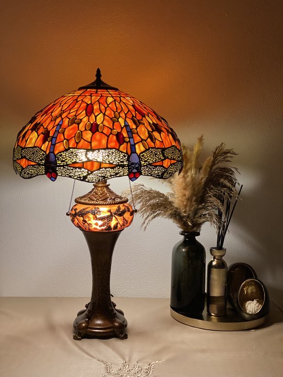 XXL Tiffany lamp Studio stijl "ORANGE DRAGONFLY" tafellamp met drie lichtpunten Ø 48x65cm!