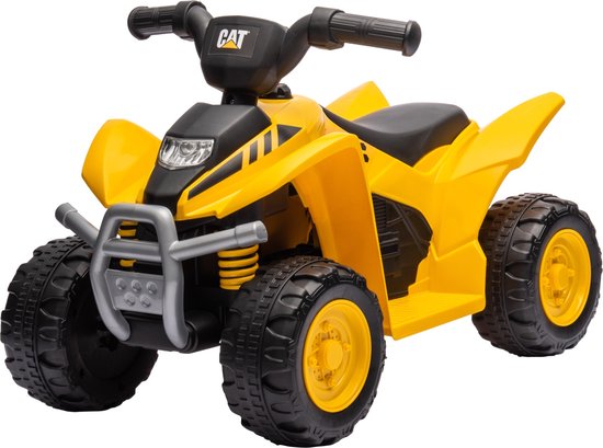 Gele kinderquad met zilveren bumper, CAT-logo en zwarte wielen.