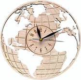 Mikki Joan | Horloge murale décorative en bois avec Wereldkaart | Groot format | Ø30cm | 8 mm d'épaisseur | Avec des chiffres | Idéal pour le salon ou le bureau | Design élégant et fonctionnel