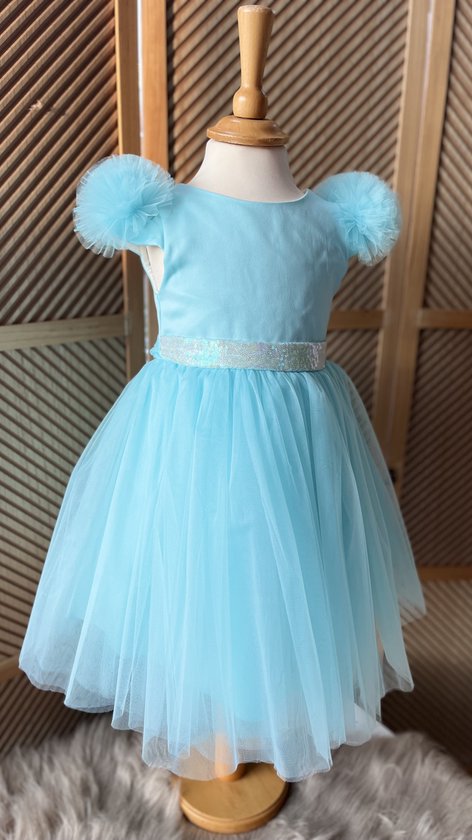 tutu jurk-effen jurk met tule-tule jurk met glitter ceintuur-feestjurk-galajurk-bruidsjurk-prinsessen jurk-bruidsmeisjes-bruiloft -verjaardag- fotoshoot- babyblauw-3 jaar maat 98