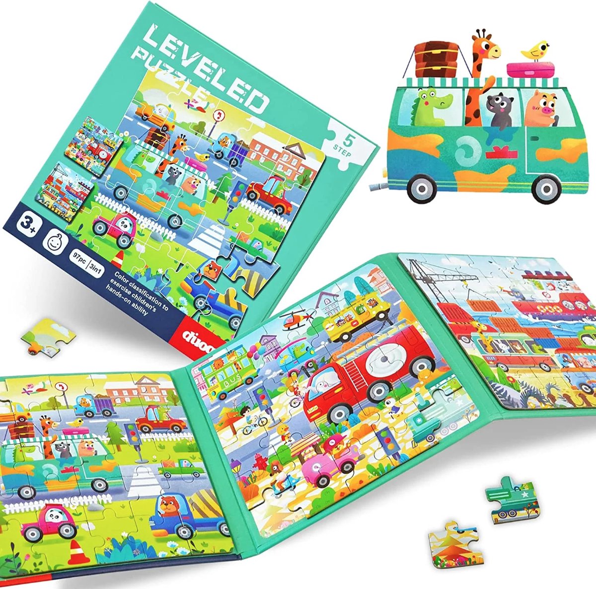 Magnetisch Puzzelboekje Auto's - 3-in-1 Puzzelboekje - Montessori Kinderpuzzel - 3 jaar of ouder - Voertuigen - Puzzelniveau 5 - 97 puzzelstukjes