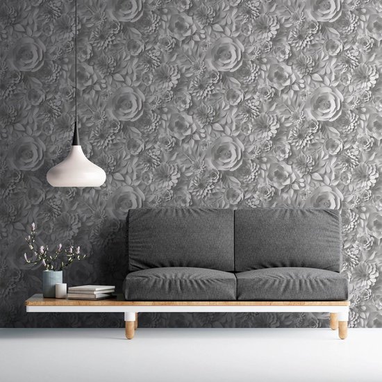 3D behang Profhome 387181-GU vliesbehang hardvinyl warmdruk in reliëf glad met grafisch patroon mat grijs wit 5,33 m2