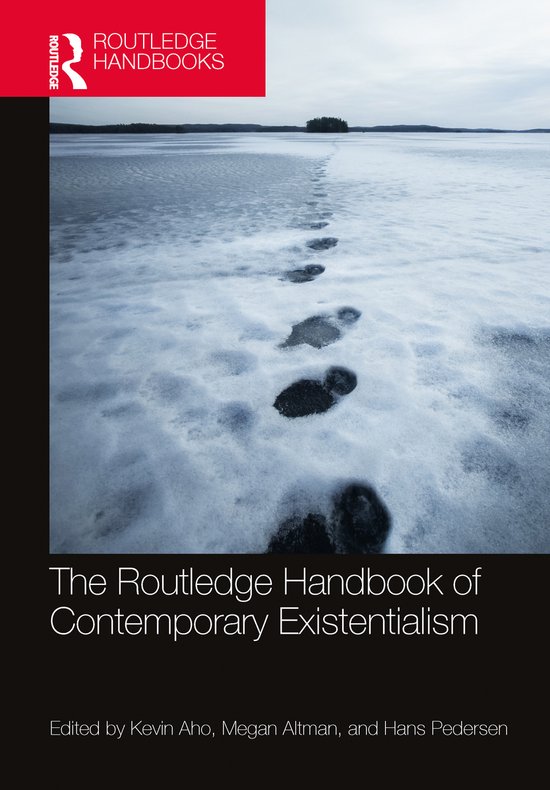 Voetstappen in de sneeuw op bevroren water, met de titel 'The Routledge Handbook of Contemporary Existentialism'.