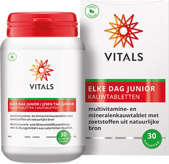 Vitals Elke Dag Junior - 90 kauwtabletten - multivitamine. Voor kinderen. Multivitamine- en mineralenkauwtablet met zoetstoffen uit natuurlijke bron.