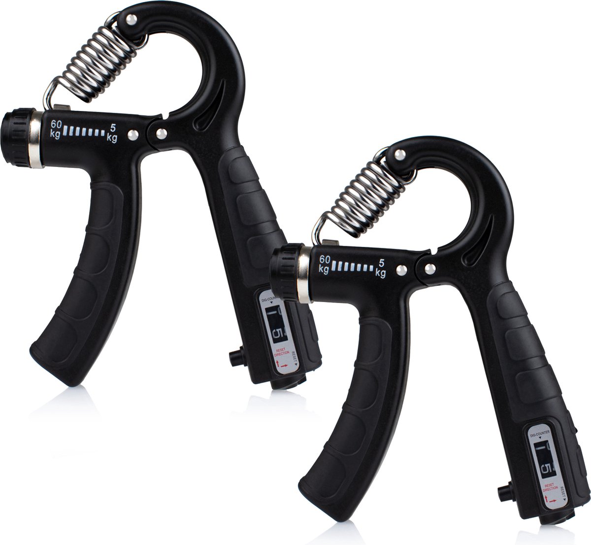 Handtrainer - Set van 2 - Handknijper - Verstelbare Handtrainer 5 tot 60 KG - Automatische Teller - Verstelbare Handtrainer - Zwart - van Faas