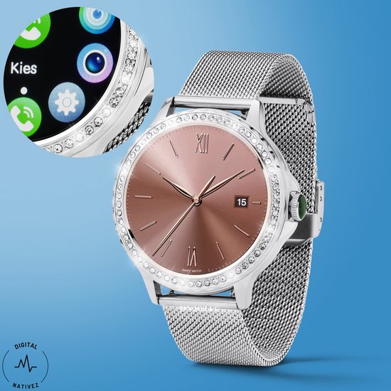 Digital Nativez dames smartwatch horloge zilverkleurig met echte zirkonia’s | incl. extra, makkelijk verstelbare, horlogeband | geschikt voor Iphone en Android | met o.a. NL menu| incl. luxe giftbox – kado - Digital Nativez