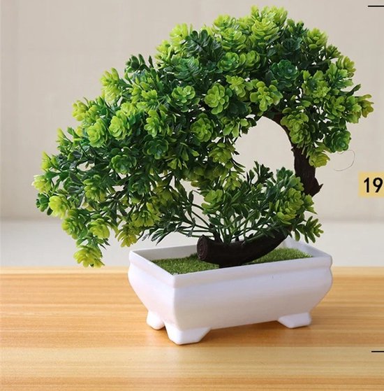 Kunst bonsai boom - kunstboom - met witte schaal - 19 cm