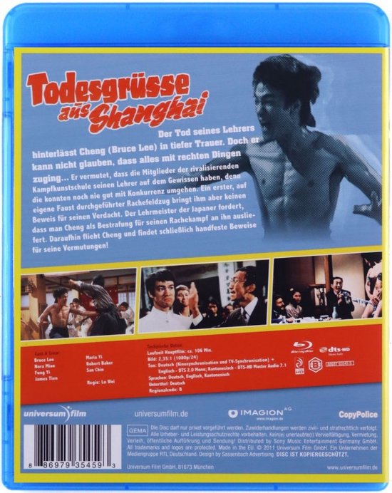 De achterkant van de "Todesgrüsse aus Shanghai" Blu-ray. Bruce Lee en andere acteurs in scènes, met tekst over de film.