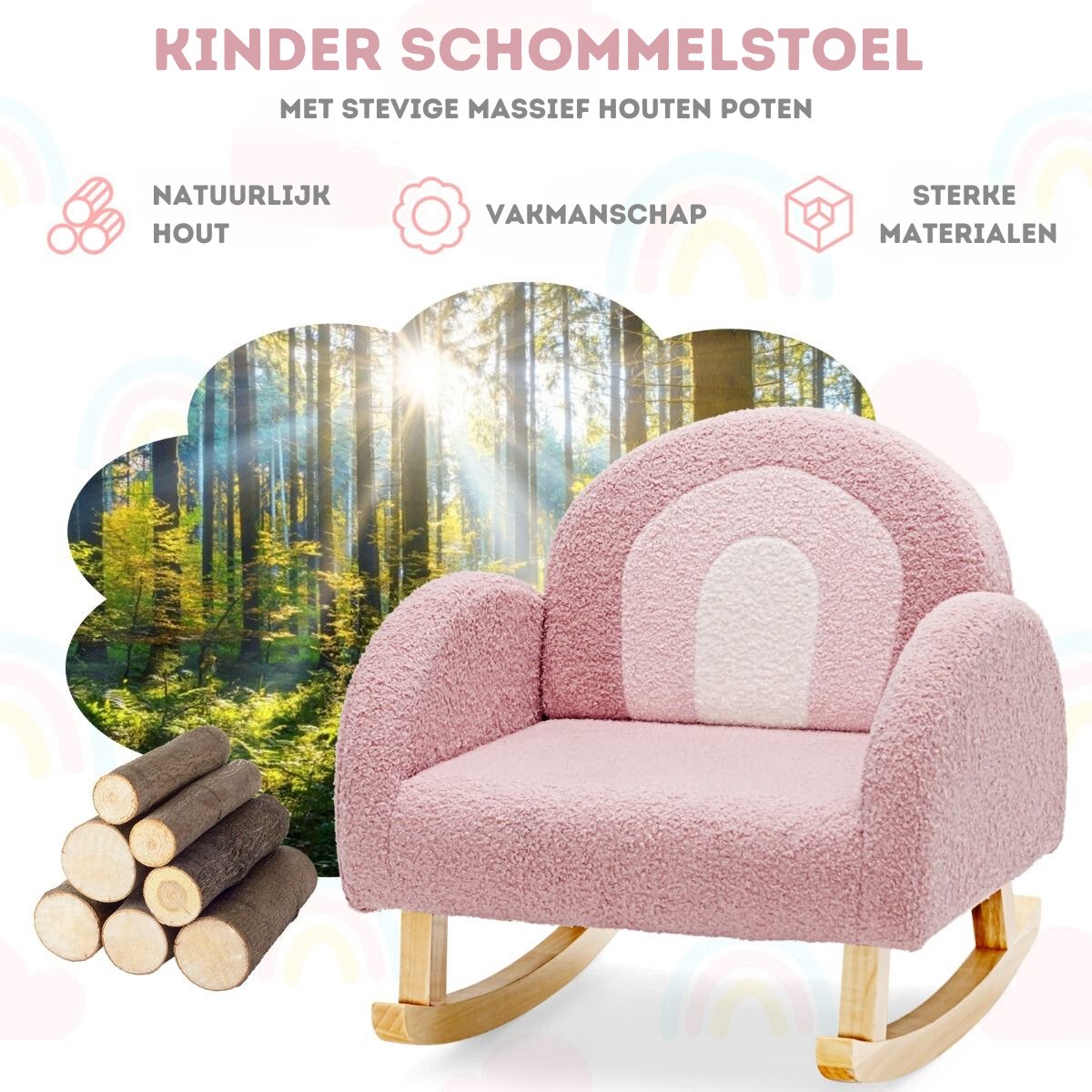 Trendmix Kinderschommelstoel Teddy Roze – Ergonomisch – Voor Kind 3-5 Jaar – Houten Schommelstoel – 50,8 × 49,5 × 50,8 cm — afbeelding 4