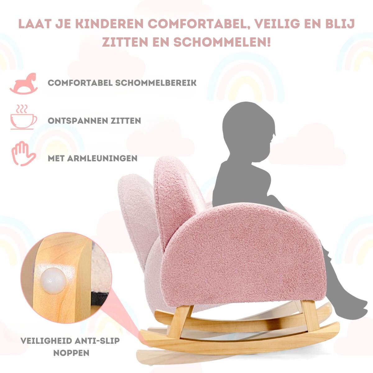 Trendmix Kinderschommelstoel Teddy Roze – Ergonomisch – Voor Kind 3-5 Jaar – Houten Schommelstoel – 50,8 × 49,5 × 50,8 cm — afbeelding 2