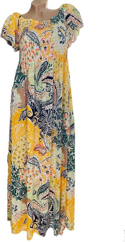 Dames maxi jurk met bloemenprint S/M Geel/groen/khaki/roze