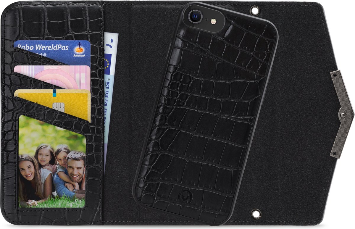 Mobilize Telefoonhoesje geschikt voor Apple iPhone 8 Hoesje | Mobilize Elegant Magnet Uitneembare 2in1 Clutch | Pasjeshouder voor 3 Pasjes | Telefoonhoesje voor Pinpas / OV Kaart / Rijbewijs - Black Croco | Zwart