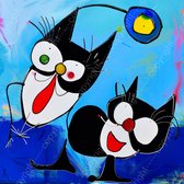 JJ-Art (Aluminium) 60x60 | 2 Poezen, humor, Herman Brood stijl, abstract, kunst | dier, poes, kat, vierkant, blauw, rood, zwart, modern | foto-schilderij op dibond, metaal wanddecoratie