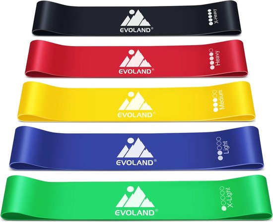 Evoland Weerstandsbanden - set van 5 stuks - Extra sterk tot 14kg - 5 Kleuren - Resistance band set - Fitness Elastiek - Booty Band - Weerstandselastiek