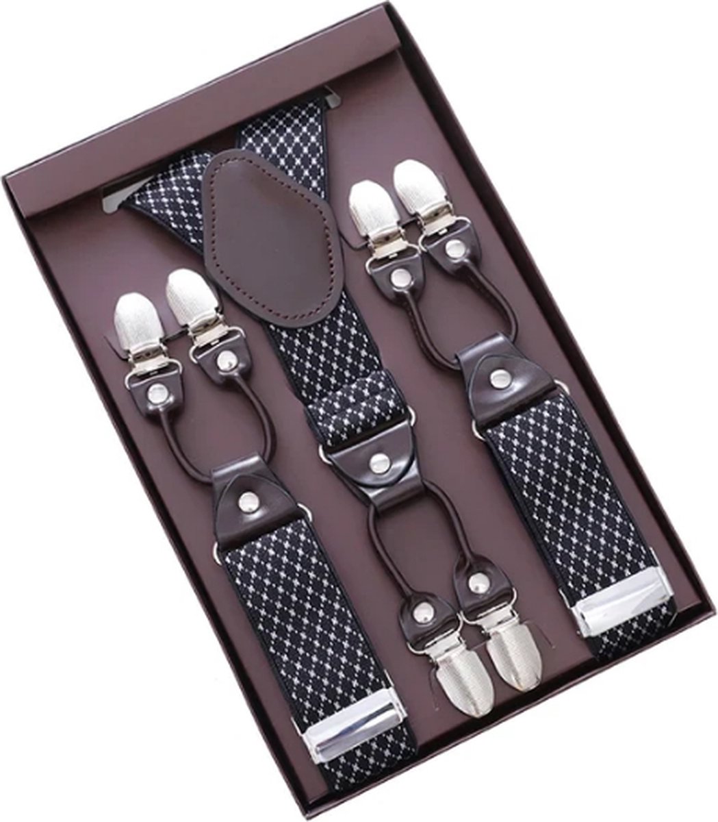 Bretels Heren - 6 Stevige Clips - Zwart/Wit Ruit Patroon - Donkerbruin Leer - 3,5 cm