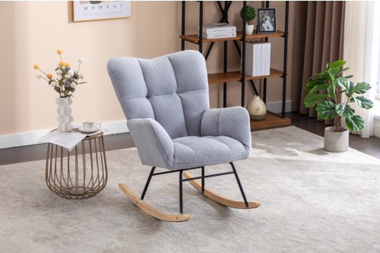 Mid Century moderne teddystof getuft gestoffeerde schommelstoel - gewatteerde zitting voor woonkamer slaapkamer - lichtgrijs