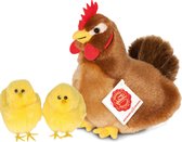 Pluche kip knuffel - 16 cm - multi kleuren - met 2x gele kuikens van 7 cm - kippen familie - Pasen decoratie/versiering