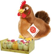Pluche kip knuffel - 16 cm - multi kleuren - met 10x kuikens van 5 cm - kippen familie - Pasen decoratie/versiering