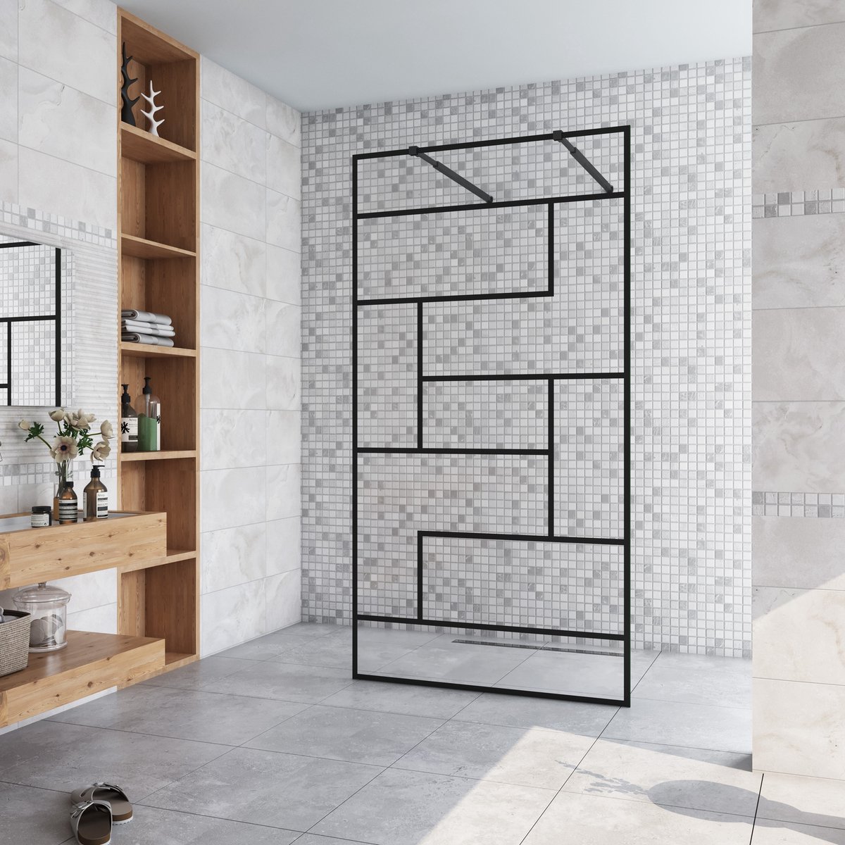Inloopdouche 137.7x200cm,2 Stabilisatiestangen 73-120cm,8mm nano veiligheidsglas,zwarte