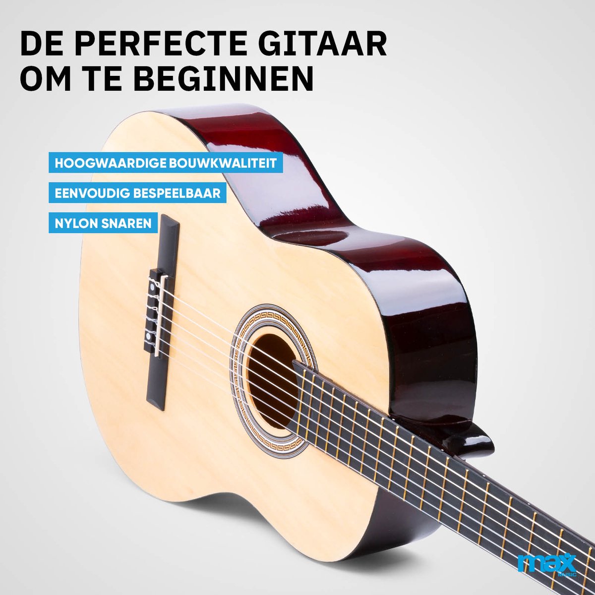 Klassieke Akoestische Gitaar 4/4 - Met Nylon Snaren - MAX SoloArt - Beginnersset met Accessoires - Hout thumbnail 2
