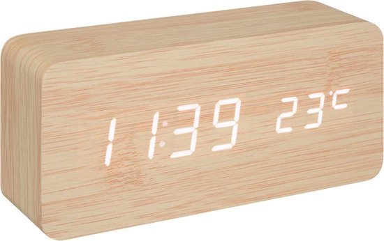 Atmosphera Horloge de table/réveil Seqoia - beige - MDF - 15 x 7 cm - Heure et température numériques - batterie/alimentation USB
