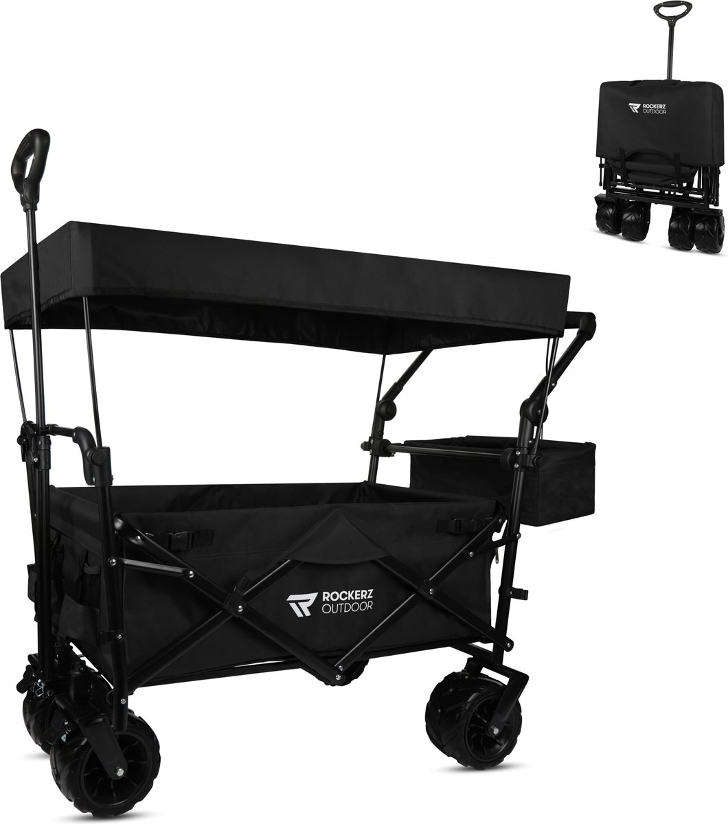 Rockerz Bolderkar - Bolderwagen met dak - Opvouwbaar - XL inhoud (120 L) - Inclusief veiligheidsriemen - Tot 100 kg draagvermogen - Handige opbergvakken - Gemonteerd in verpakking - Zwart