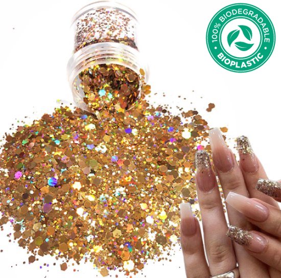 Foto: Chunky glitters rose goud volume 8g festival glitter outfit nagel decoratie versiering manicure kunstnagels nepnagels acryl nagels kinderen volwassenen dames glitters 