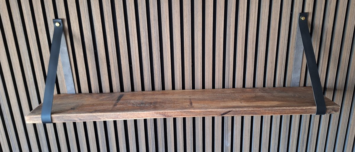 Hoexs - Mango Hout 80 cm - Leren Plankdragers Zwart - Vintage Wandplank