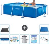 Piscine Cadre Rectangulaire Intex - 260 x 160 x 65 cm - Blauw - Couverture incluse - Kit d'entretien - Pompe de filtration de piscine - Filtre - Aspirateur - Tapis Solar - Carrelages de sol de sol