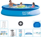 Intex Rond Opblaasbaar Easy Set Zwembad - 366 x 76 cm - Blauw - Inclusief Onderhoudspakket - Zwembadfilterpomp - Filter - Grondzeil - Schoonmaakset - Ladder - Voetenbad