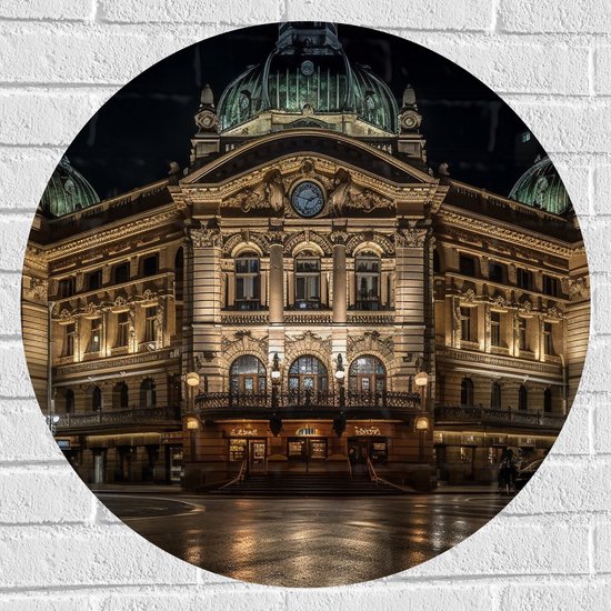 Muursticker Cirkel - Gebouw - Stad - Groot - Verlicht - 70x70 cm Foto op Muursticker