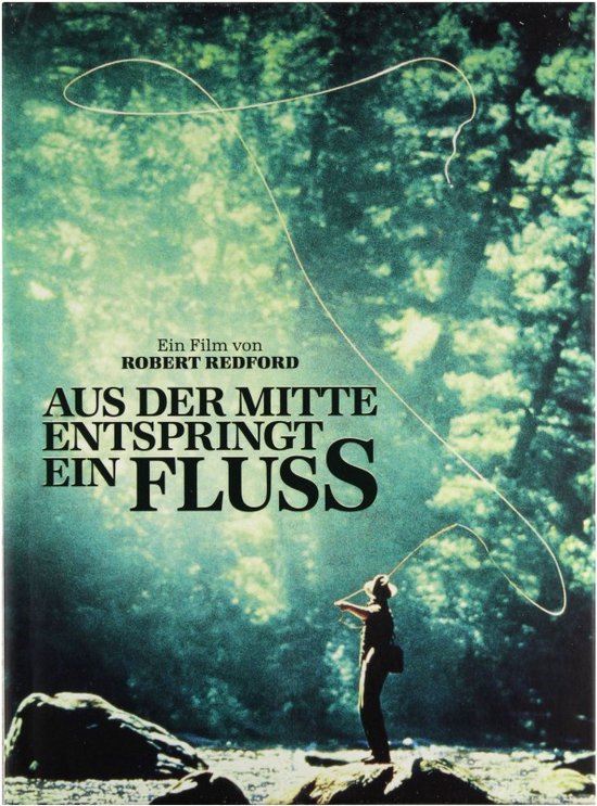 Voorzijde van de 4K UHD Blu-ray "A River Runs Through It". Een man werpt een vliegvislijn in een bosrijke omgeving.