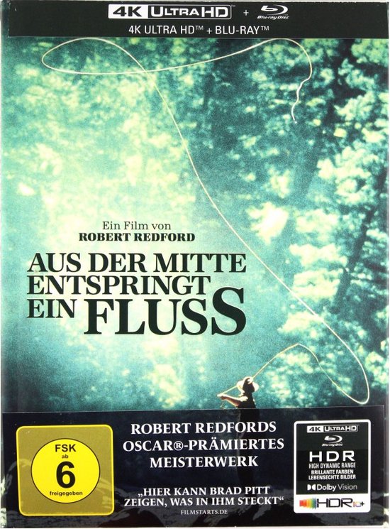 Voorzijde van de 4K UHD Blu-ray "A River Runs Through It". Een man werpt een vliegvislijn in een bosrijke omgeving.