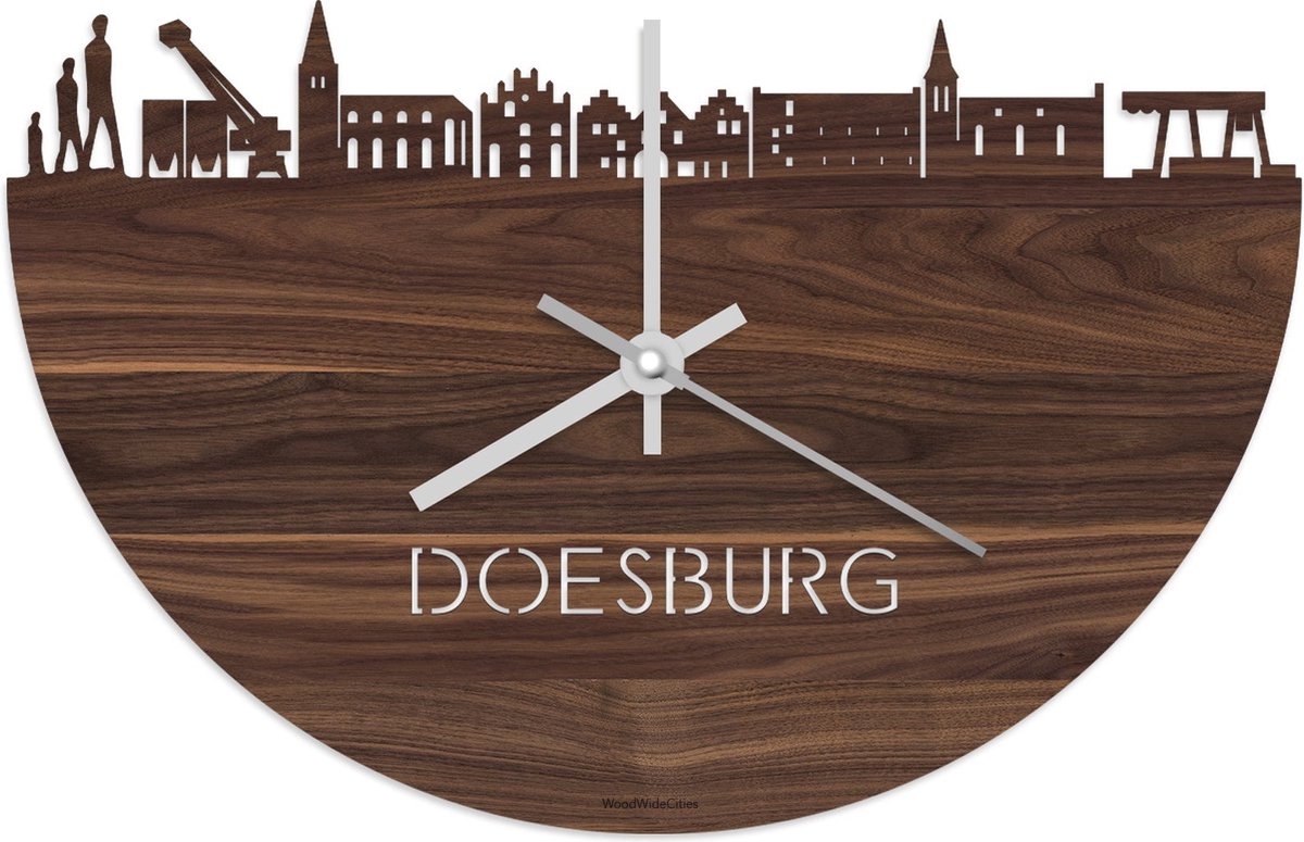 Skyline Klok Doesburg Notenhout - Ø 40 cm - Stil uurwerk - Wanddecoratie - Meer steden beschikbaar - Woonkamer idee - Woondecoratie - City Art - Steden kunst - Cadeau voor hem - Cadeau voor haar - Jubileum - Trouwerij - Housewarming - WoodWideCities