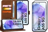 Hoesje geschikt voor Samsung Galaxy A55 - Screenprotector Volledig Dekkend Glas - Portemonnee Book Case Bruin