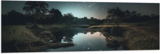 Vlag - Landschap - Sterren - Water - Bomen - Nacht - 150x50 cm Foto op Polyester Vlag