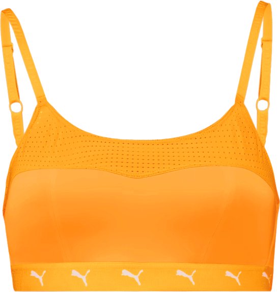 Oranje Puma sportbeha met verstelbare bandjes en een Puma logo op de tailleband. Mesh detail boven de cups.
