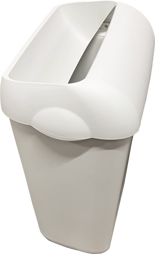 Grijze afvalbak met witte bovenrand, schuine opening en een opvallend ontwerp.