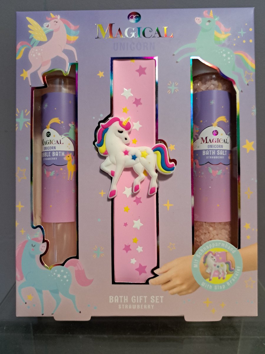 Goedkoopste geschenk set kinderen - magical unicorn - badschuim - badzout - aardbei - armband