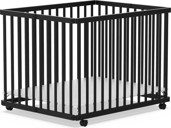 Geuther Leon Baby Box, Opvouwbare Playpen - Inklapbaar Babybedje - Kinderbox op wieltjes - Bodem Verstelbaar in 3 hoogtes - 110x80 cm - Zwart
