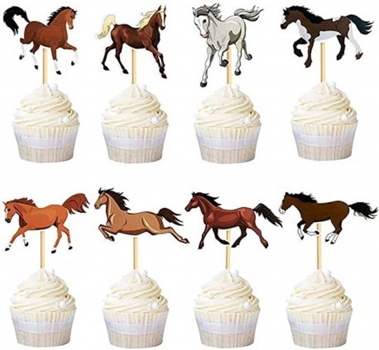 Set van acht paardjes in verschillende kleuren en posities, bovenop cupcakes.