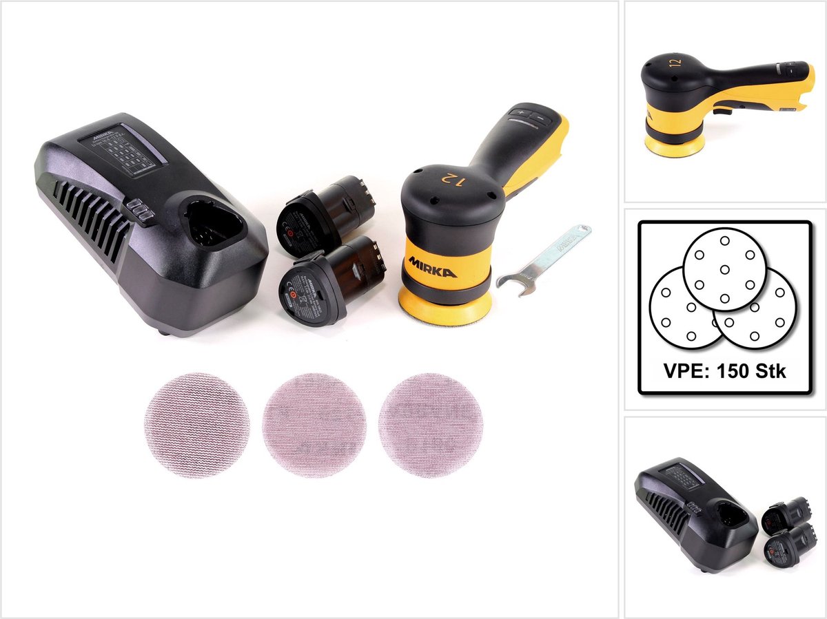 Mirka AROP-B 312NV 77mm Exzenterschleifer Poliermaschine Hub 12mm 10,8V Brushless ( 8991012311 ) + 2x Akku 2,5Ah + Ladegerät + 150x ABRANET Schleifscheiben